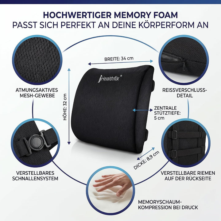 Healthfix® Lendenkissen - Ergonomisches Rückenkissen für Optimale Sitzhaltung | Universell Einsetzba