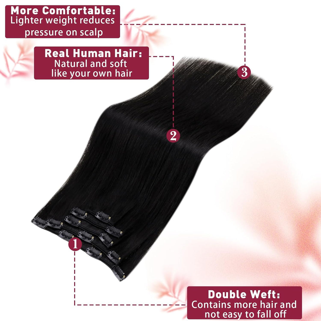 Vivien Extensions Echthaar Clip in Schwarz 30 cm Remy Echthaar Clip in Extensions Tiefschwarz Invisi