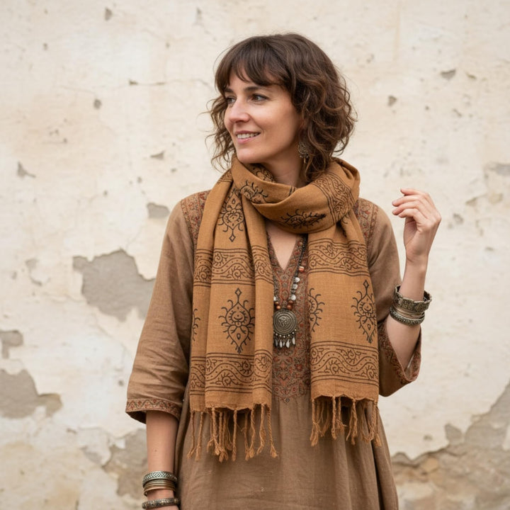 GURU SHOP Handgewebtes Baumwolltuch mit Tribalmuster, Webschal, Herren/Damen Caramel, Caramel