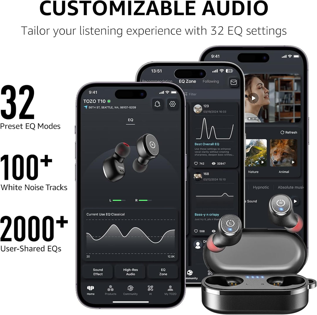 TOZO T10 Kopfhörer Kabellos Bluetooth In Ear mit Ladecase 55 Std. IPX8 | ENC für klare Anrufe und Kl