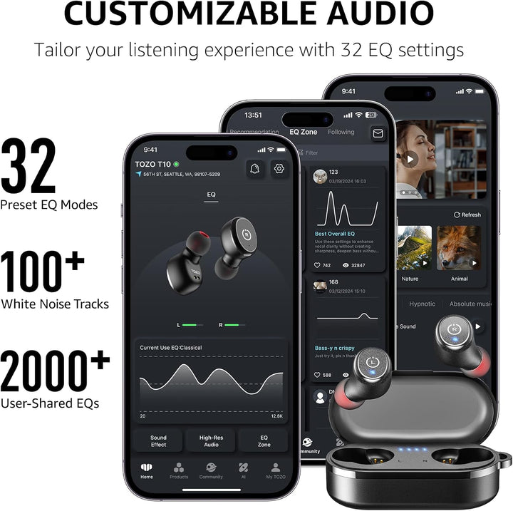 TOZO T10 Kopfhörer Kabellos Bluetooth In Ear mit Ladecase 55 Std. IPX8 | ENC für klare Anrufe und Kl