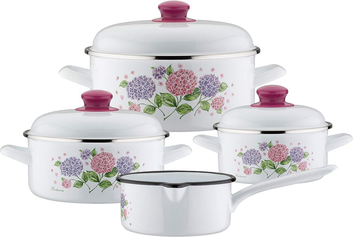 GSW 189989 Kochtopf-Set Hortensie 7-tlg, Stahl-Emaille, Kunststoff, weiss
