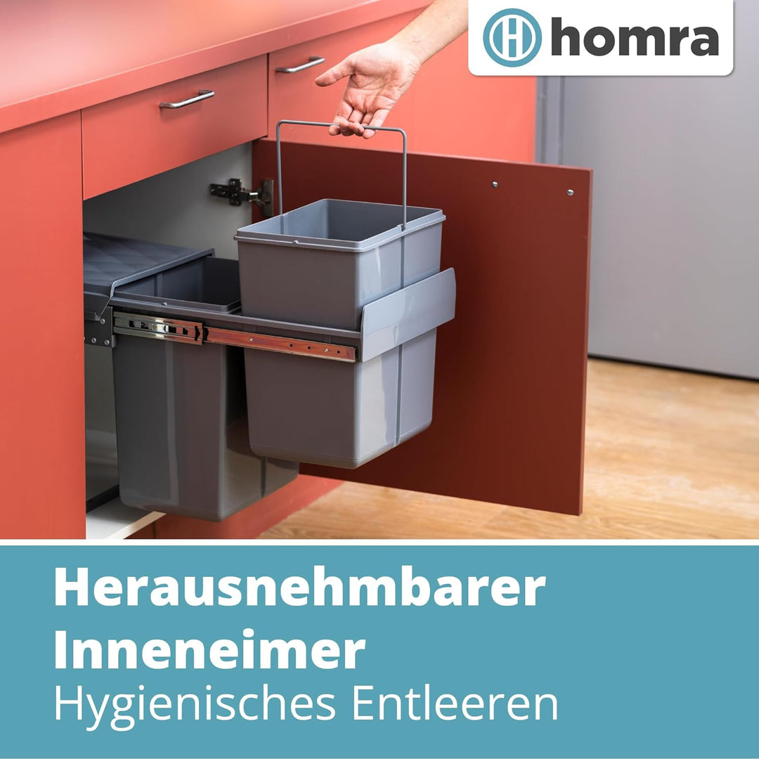 Homra Mülleimer 2 Fächer Ausziehbar | Einbaumülleimer Küche 2x20l | Mülltrennsystem Unterschrank | D