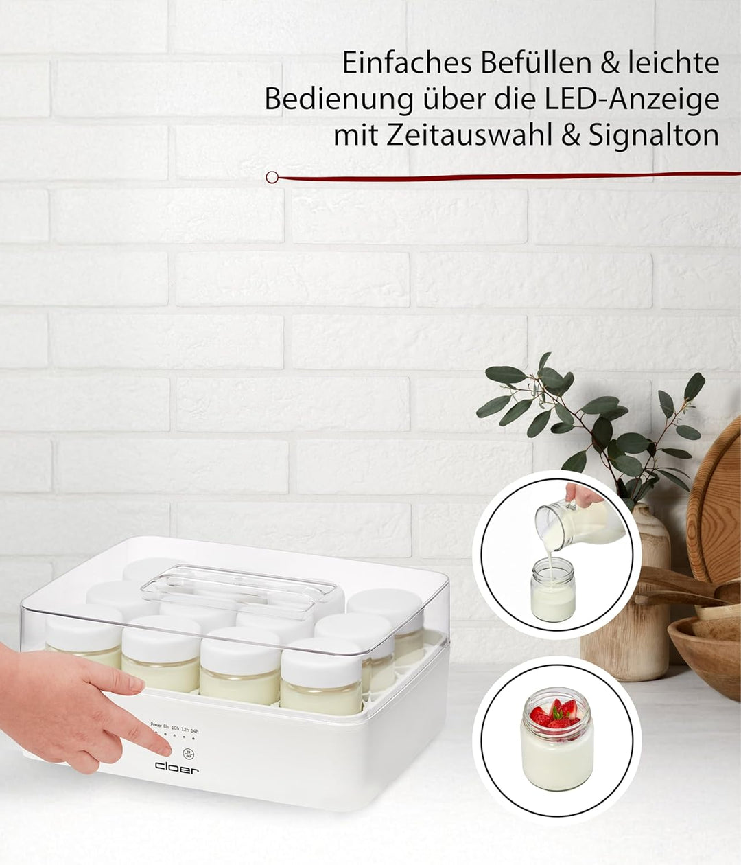Cloer 9921 Joghurtbereiter für 12 Gläser, je 150 ml Fassungsvermögen, für Joghurt und Fermentkulture