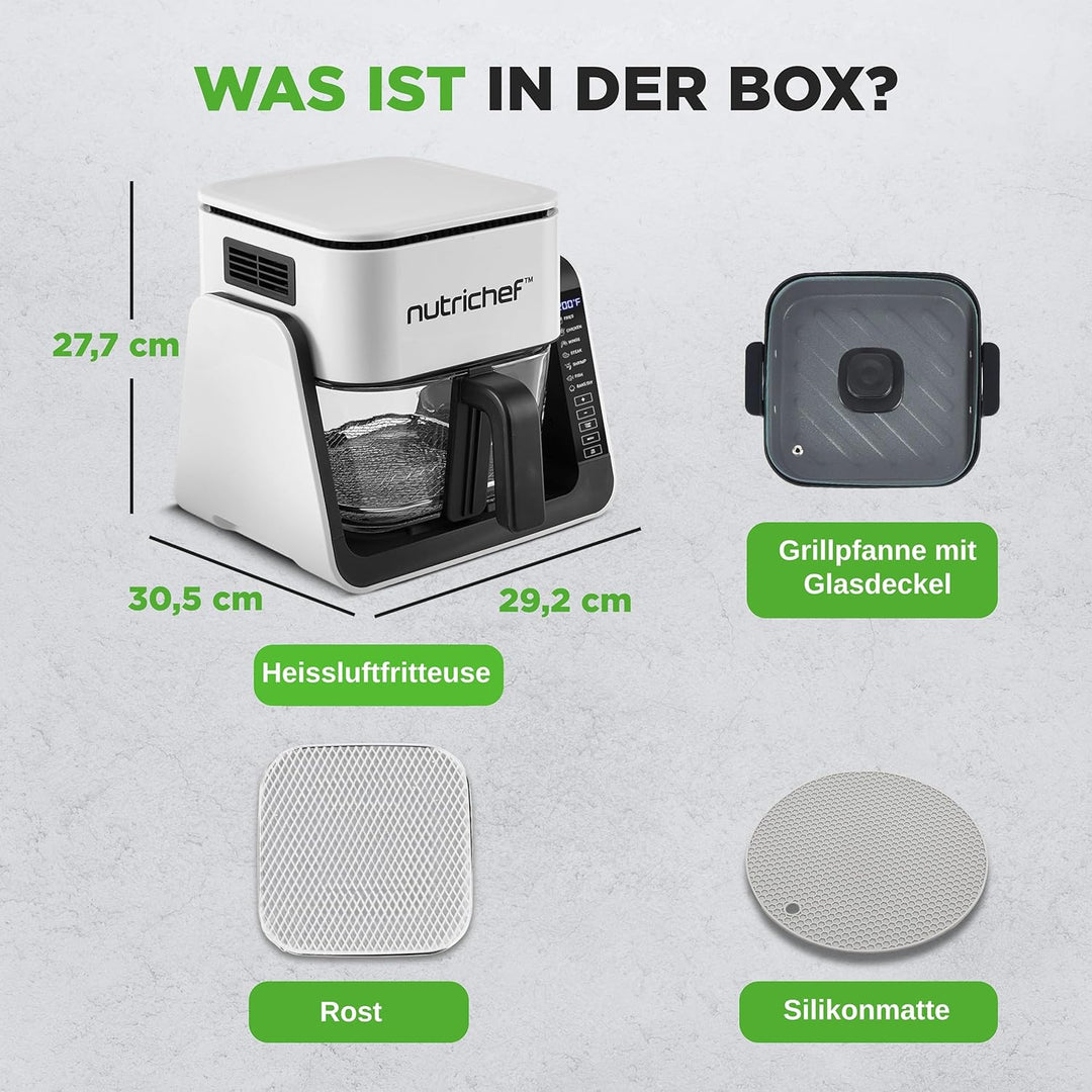 NutriChef 4L Airfryer & Elektrogrill – 7-in-1 Glas Heissluftfritteuse + 1.2L Grill Frittieren, Grill