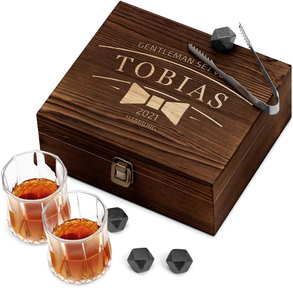 Maverton Whisky Steine Set - in Holzbox mit Gravur - 8 Eiswürfel & 2 Whisky Gläser - wiederverwendba