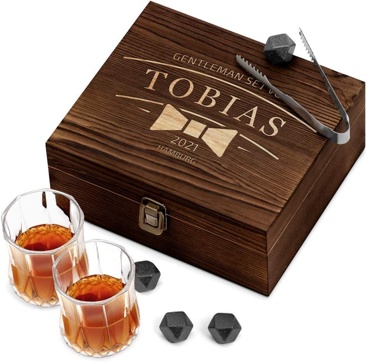 Maverton Whisky Steine Set - in Holzbox mit Gravur - 8 Eiswürfel & 2 Whisky Gläser - wiederverwendba