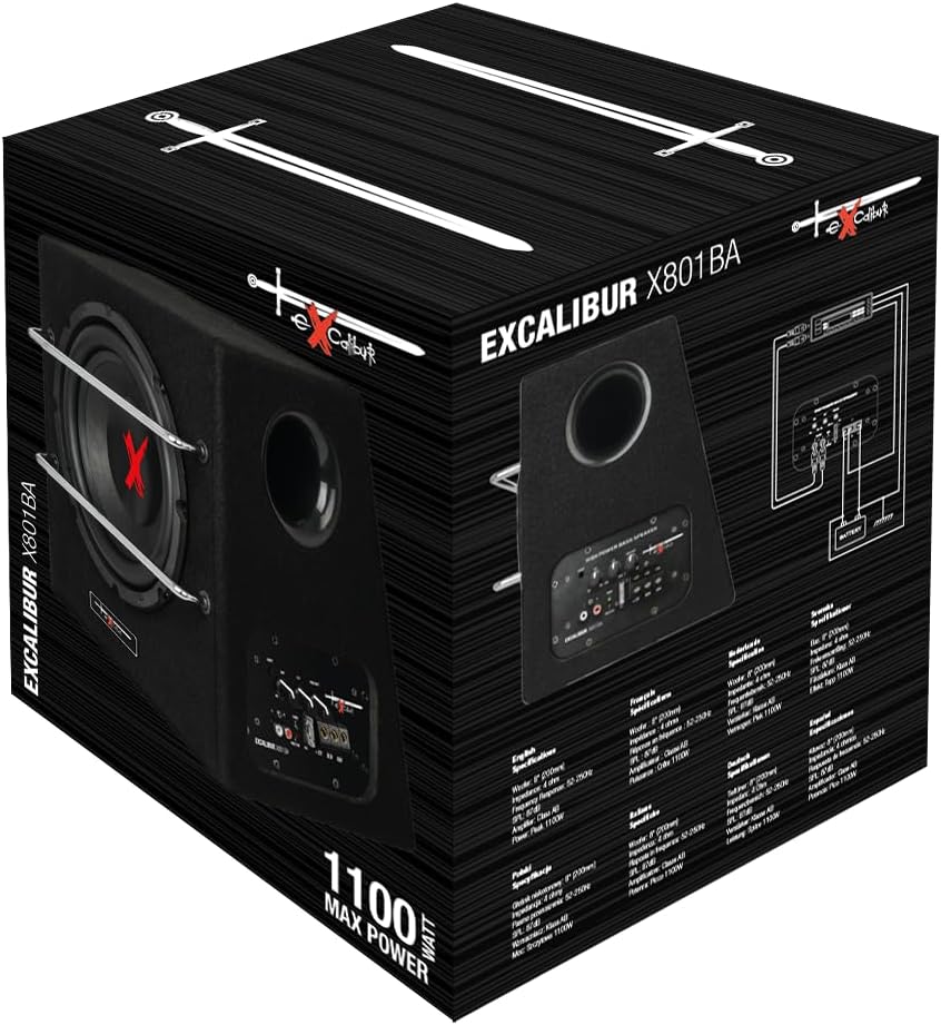 Excalibur X801BA, 8 Zoll Aktiver Auto Subwoofer, Integrierter Verstärker, Untersitz-Bassbox mit Clas
