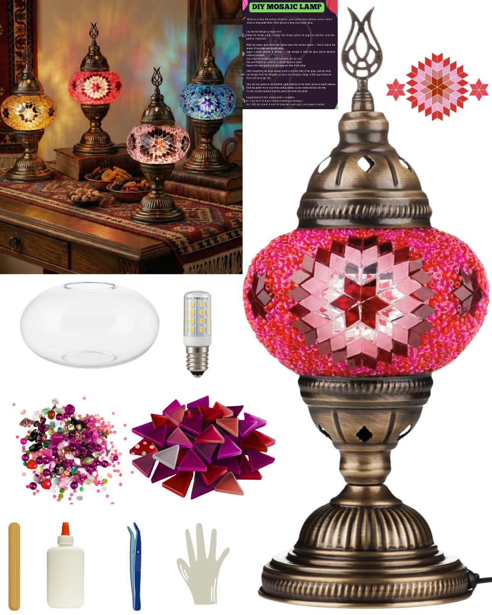 DEMMEX Farbe Wählbar – DIY Mosaik-Tischlampe Bastelset – Türkisch-Marokkanischer Stil – Gestalten Si