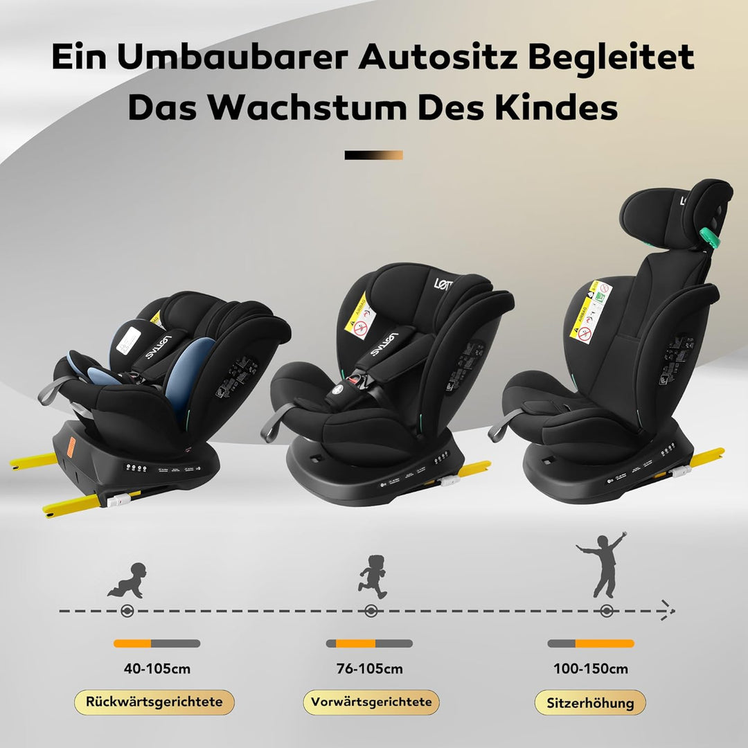 LETTAS I-Size 360°Drehung Autositz 40-150 cm, ca. 0 bis 12 Jahre, Isofix Kinderautositz mit Verstell