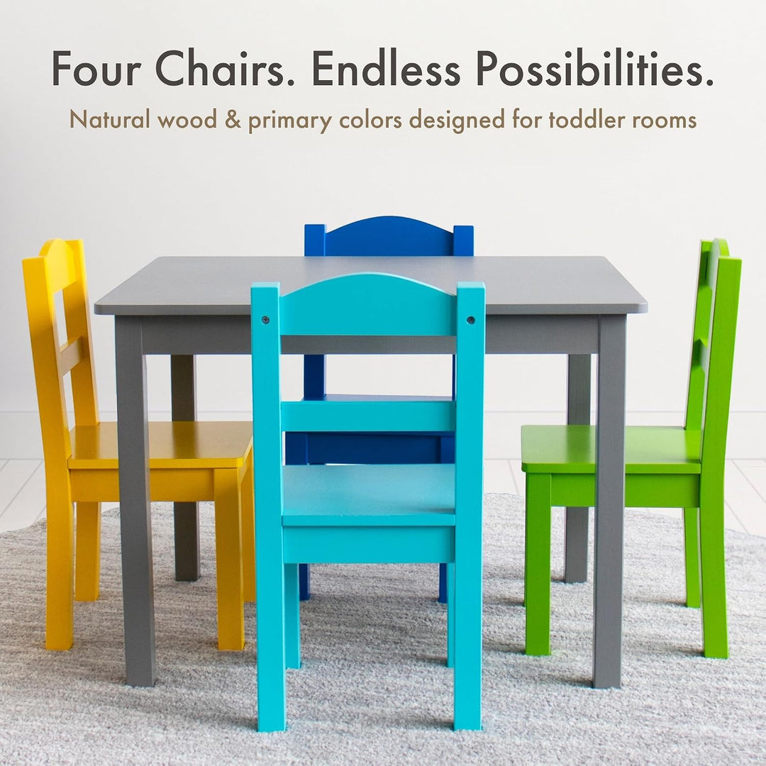 Humble Crew bunter Holztisch für Kinder, Grau/Blau/Grün/Gelb! Mit 4 Stühlen, ideal für Kinderzimmer.
