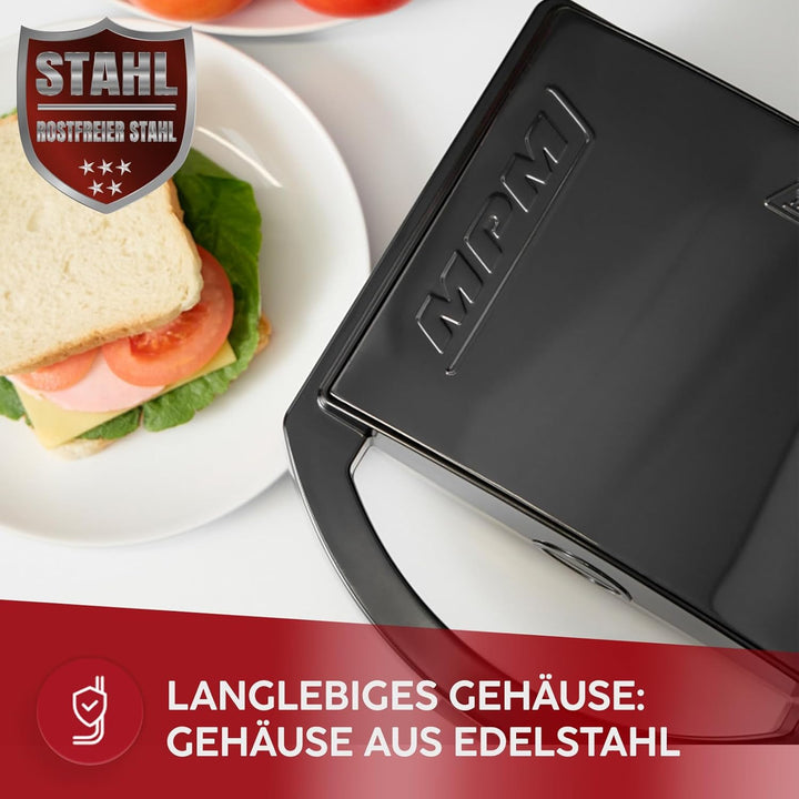 MPM MOP-50M Sandwichmaker 750W - Sandwichtoaster mit Edelstahlgehäuse, 4 Dreieck-Sandwiches, Antihaf