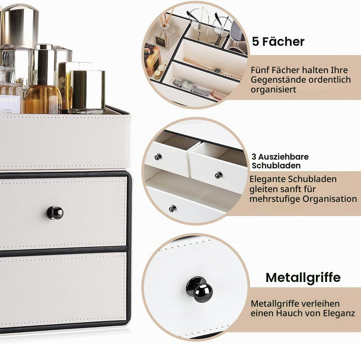 GORESE Make Up Kosmetik Organizer,2-Stöckig 3-Schubladen Leder schminktisch organizer Beauty Aufbewa
