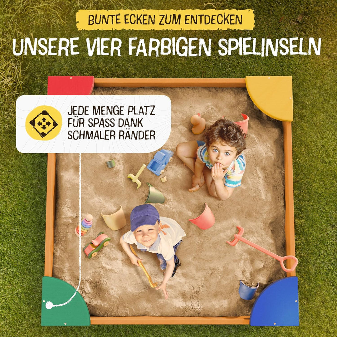 FRIEDO – Sandkasten mit Abdeckung 120x120 cm - Sandbox inkl. Bodenvlies zum Schutz vor Unkraut und U