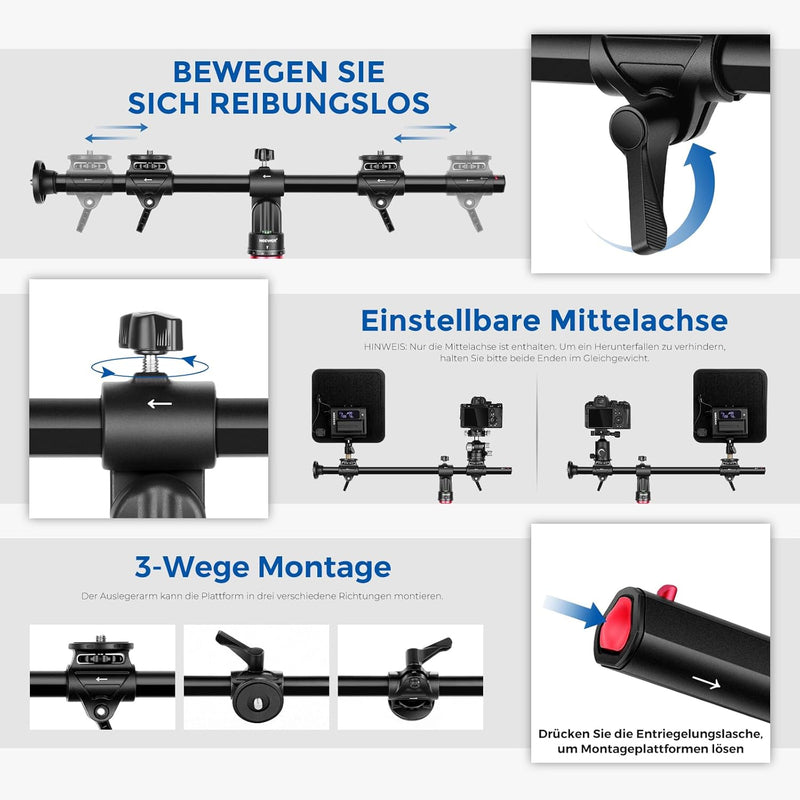 NEEWER 76cm Horizontalstativ Mittelachse mit 3/8"Schraube,Aluminiumlegierung 360° drehbar 180°Vertik