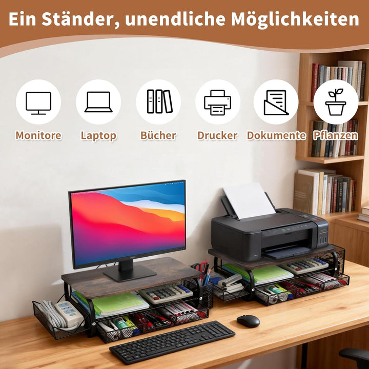 Monitorständer Holz Ergonomischer Monitorständer 30kg/66lbs, extra breite Netzablage + 3 Kabelbinder