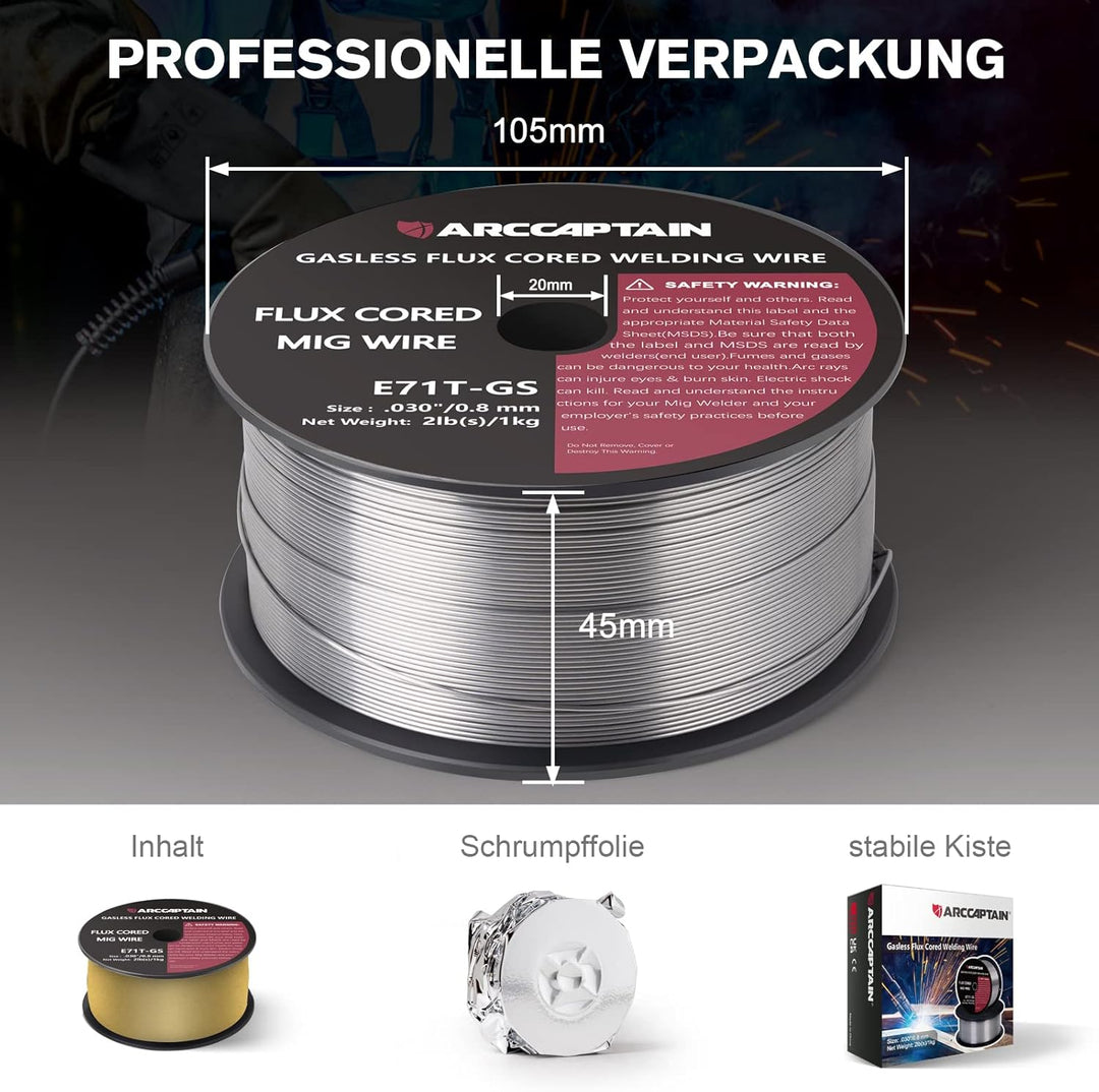 ARCCAPTIAN Fülldraht 0,8mm 1KG E71T-GS MIG Schweissdraht für Schweissgerät ohne Gas MIG/MAG FLUX Sch