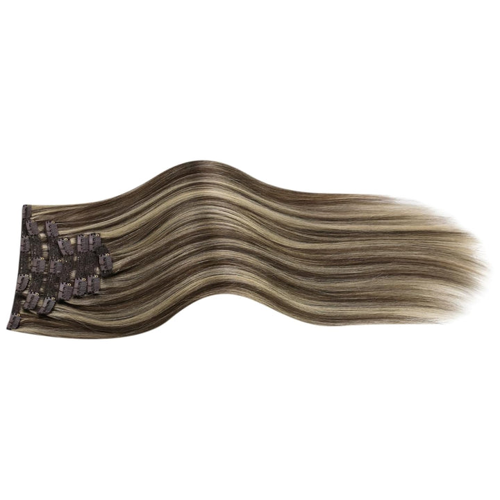 Moresoo Clip in Extensions Echthaar Braun Echthaar Extensions Clip in Dunkelbraun mit Karamellblond