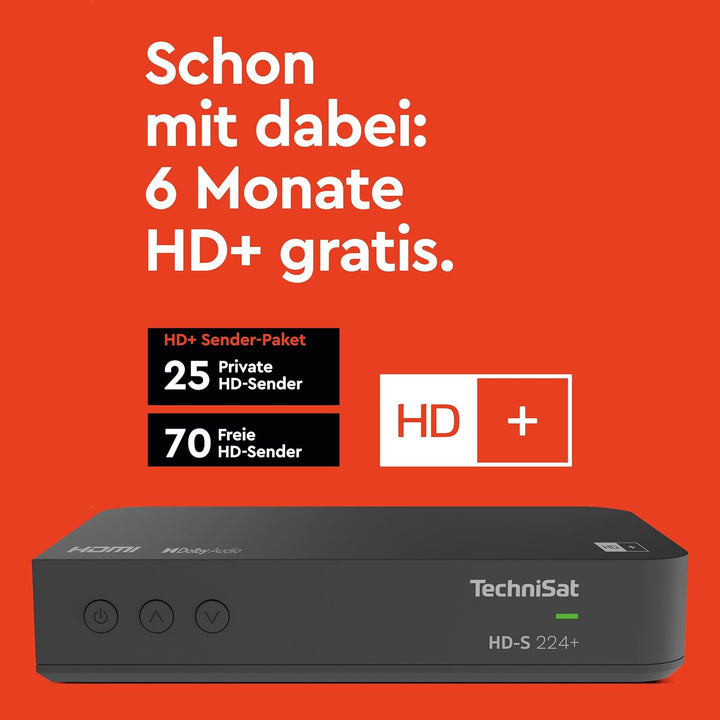 TechniSat HD-S 224+ - Kompakter HD-Satelliten Receiver mit HD+ Senderpaket für 6 Monate (DVB-S2, Tim