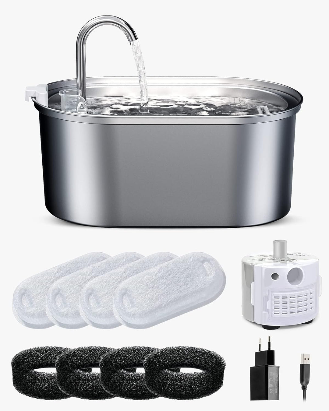 Petace Trinkbrunnen Edelstahl 3.2 L für Katze und Hunde, Katzenbrunnen mit Pumpe und 4 Aktivkohlefil