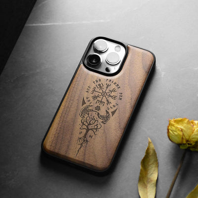 Carveit Holz Cover für iPhone 15 Pro hülle, Kompatibel mit Magsafe Silikon Stossfeste Cover, Magneti