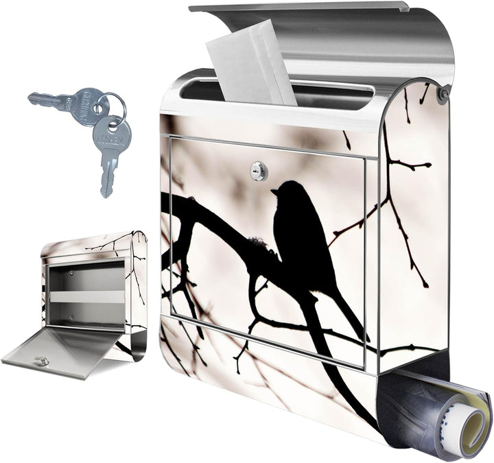 banjado® Briefkasten Edelstahl mit Motiv Früher Vogel 38x43x12cm &amp; 2 Schlüssel - rostfreier Edelstah
