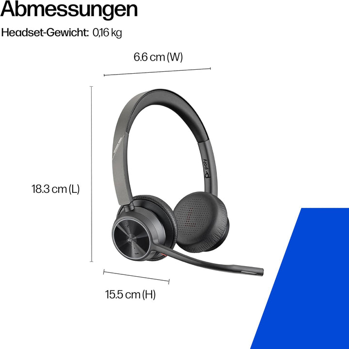 Poly Voyager 4320 UC schnurloses Headset, Stereo-Kopfhörer mit Noise Cancelling-Mikrofonarm, Verbind