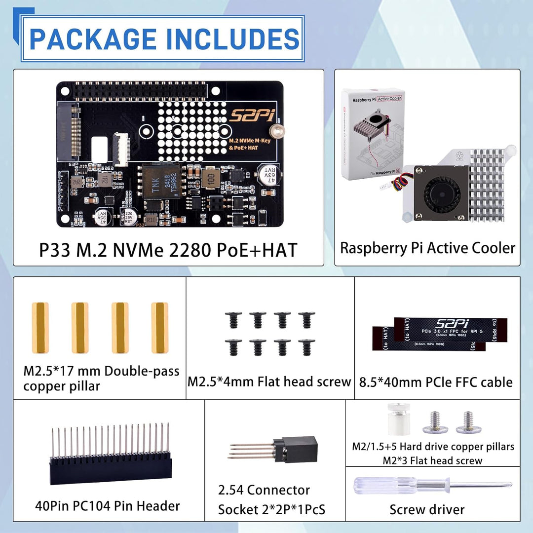 GeeekPi P33 M.2 NVME M-Key PoE+ Hat für Raspberry Pi 5, mit offiziellem Raspberry Pi 5 Active Cooler