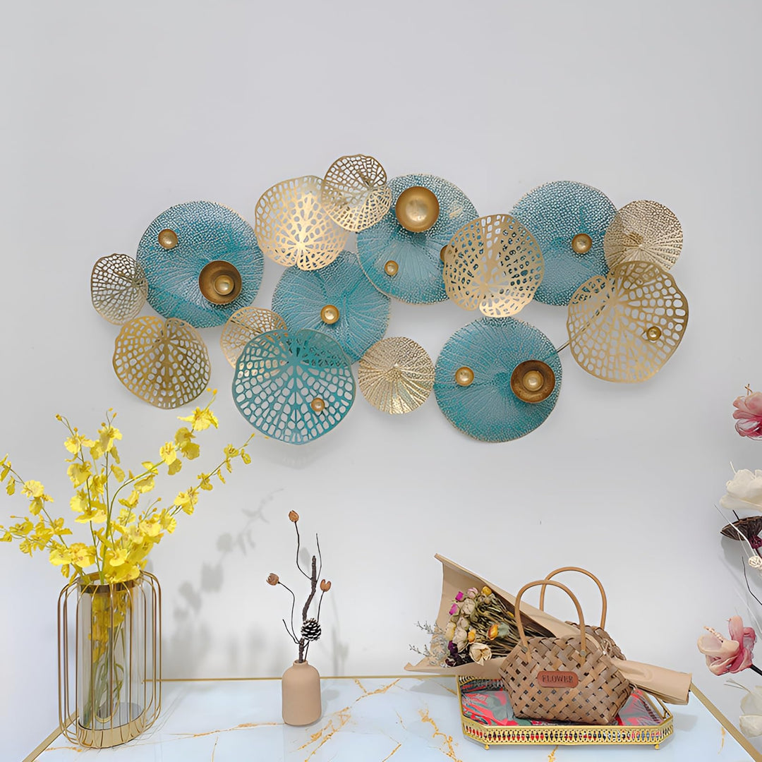Dekoleidenschaft 3D Wandbild Lotus aus Metall in gold/türkis, 125x60 cm, Wanddeko, Wandschmuck mehrf