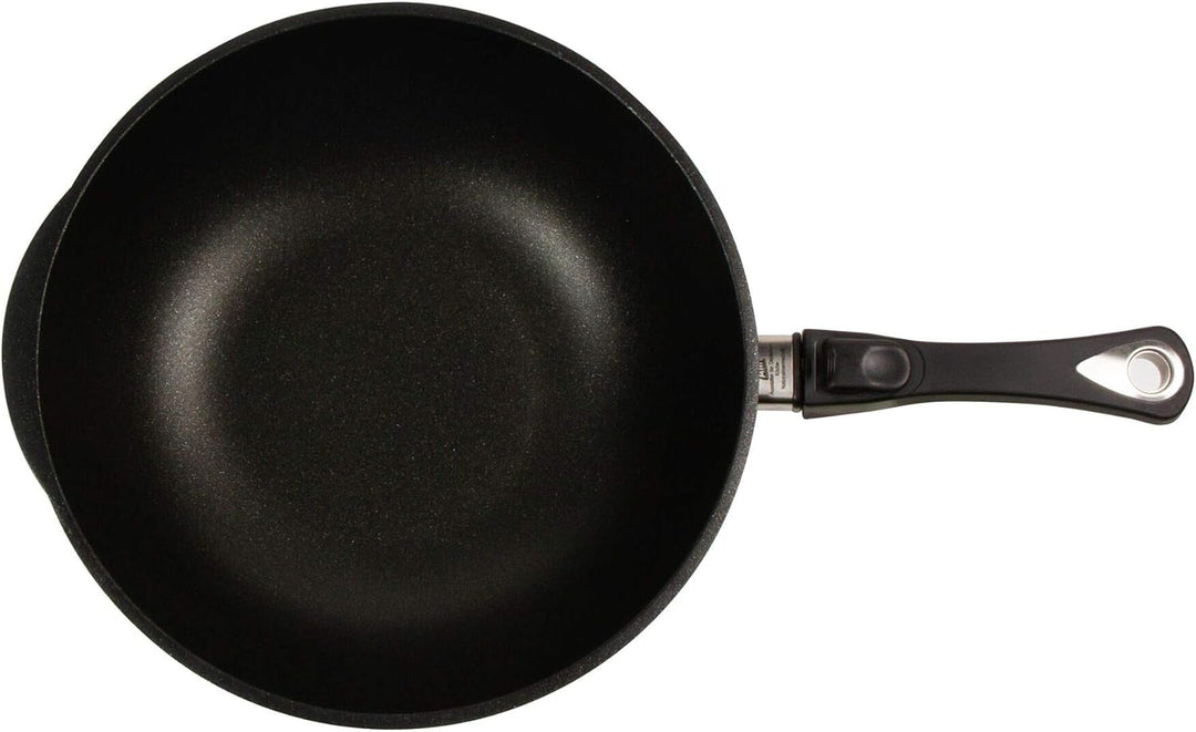 AMT Gastroguss Wok 32 cm Ø, 10 cm hoch, Wokpfanne, nicht induktionsgeeignet, abnehmbarer Stiel, Lota