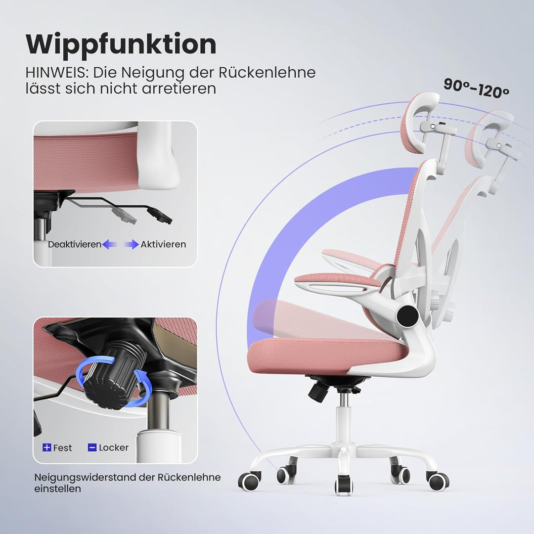 naspaluro Ergonomischer Bürostuhl, Drehstuhl mit Mesh, Lenden- und Kopfstütze, Hochklappbaren Armleh