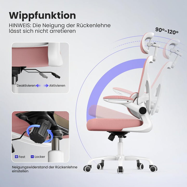 naspaluro Ergonomischer Bürostuhl, Drehstuhl mit Mesh, Lenden- und Kopfstütze, Hochklappbaren Armleh