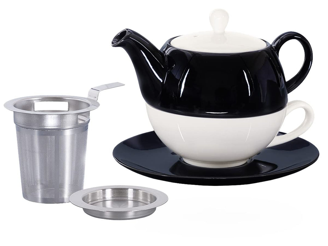 Tea for One mit Sieb Lena 500ml aus Crystal Bone China Porzellan in schwarz. Teekanne + Teetasse + U