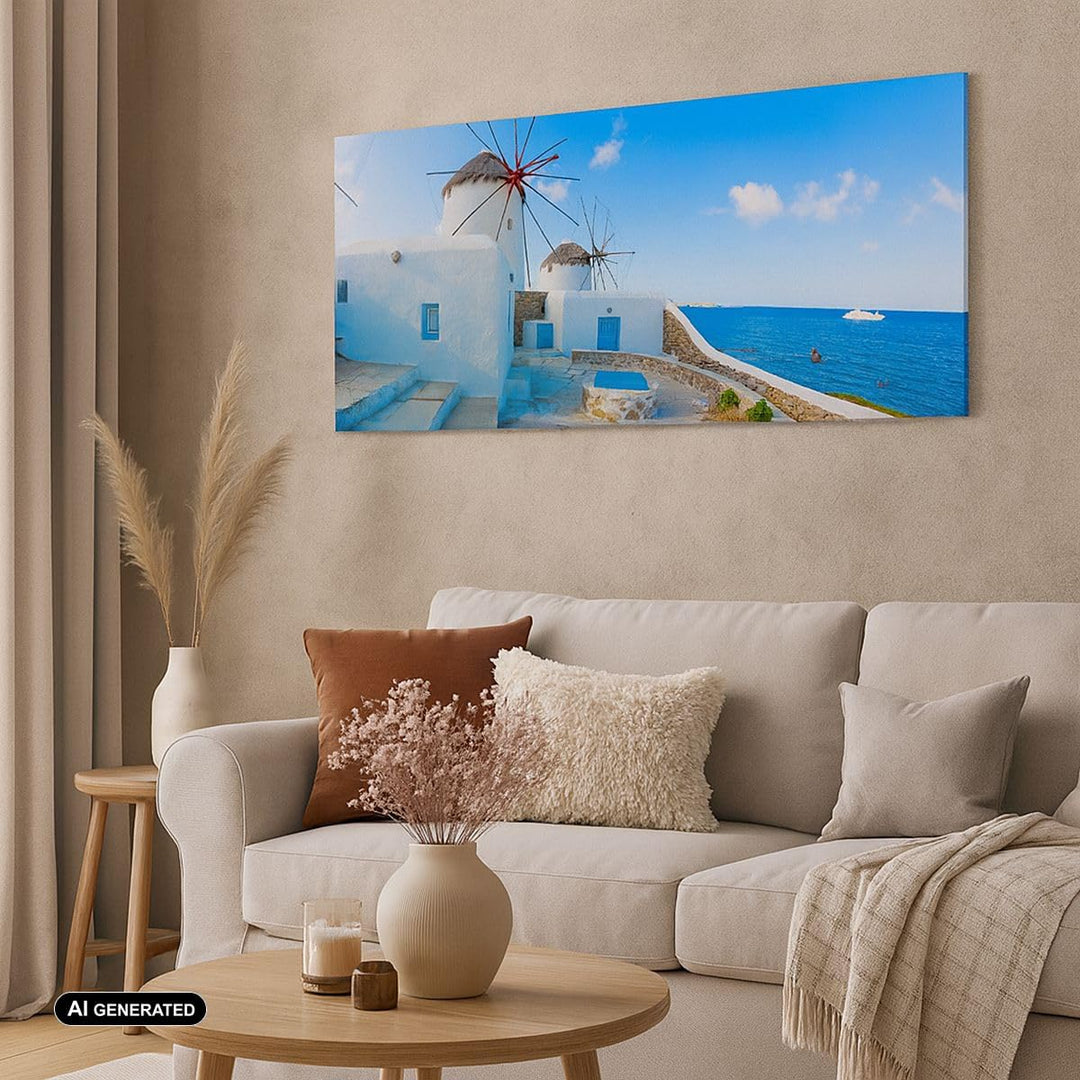 Wandbilder Dekoration Wohnzimmer Griechenland Insel Küste Haus Panorama Bilder auf Leinwand 120x50cm