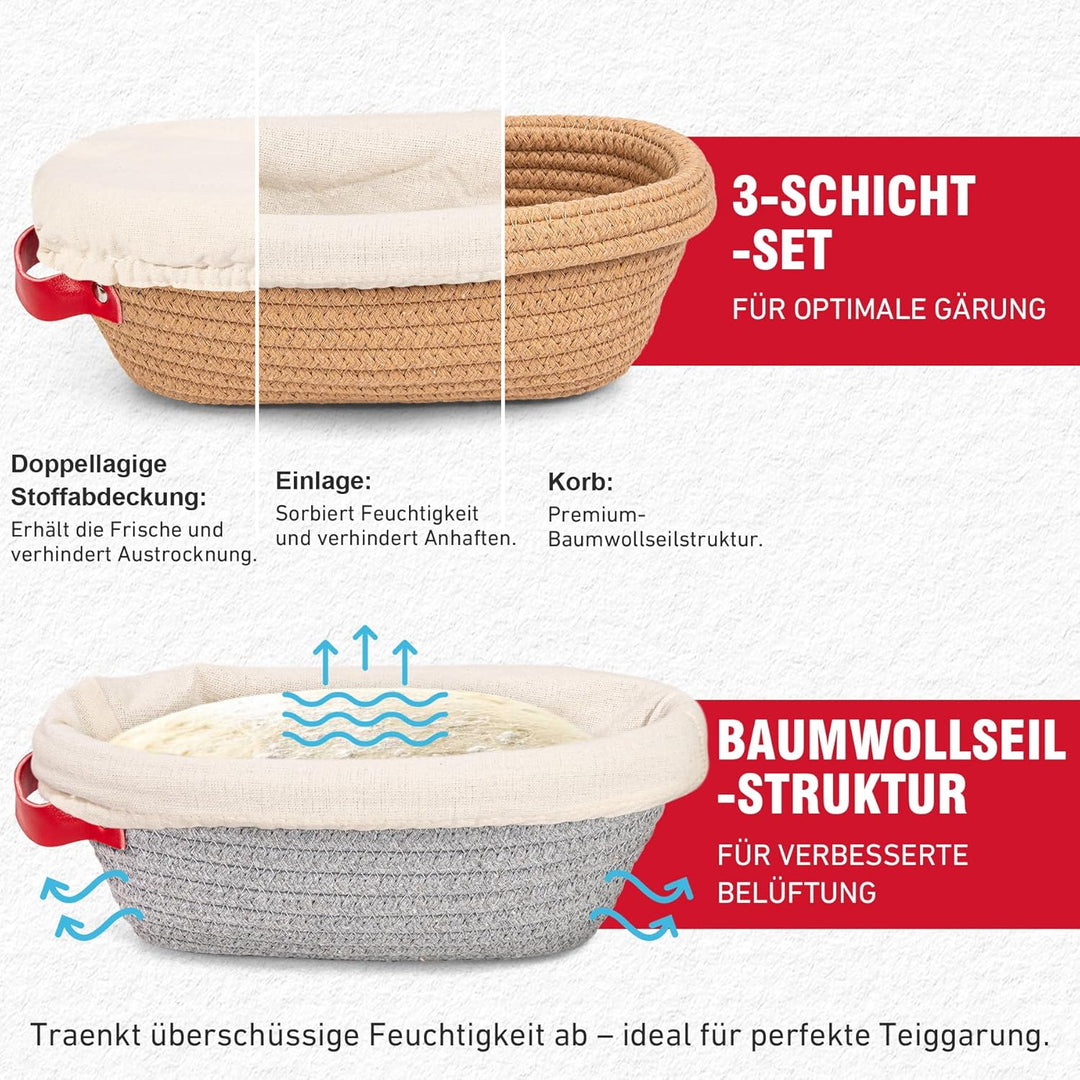 Gärkörbchen- Sauerteig Brot Gärkorb Set – 2 x 26 cm Oval mit Bezug & Deckel | Natursauerteig Gärkorb