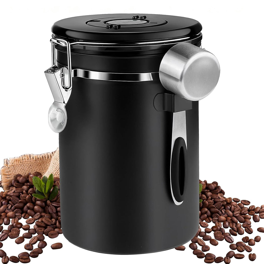 Edelstahl Kaffeedose 1,8L luftdicht, Kaffeebohnenbehälter mit Datumsanzeige (Schwarz), Schwarz