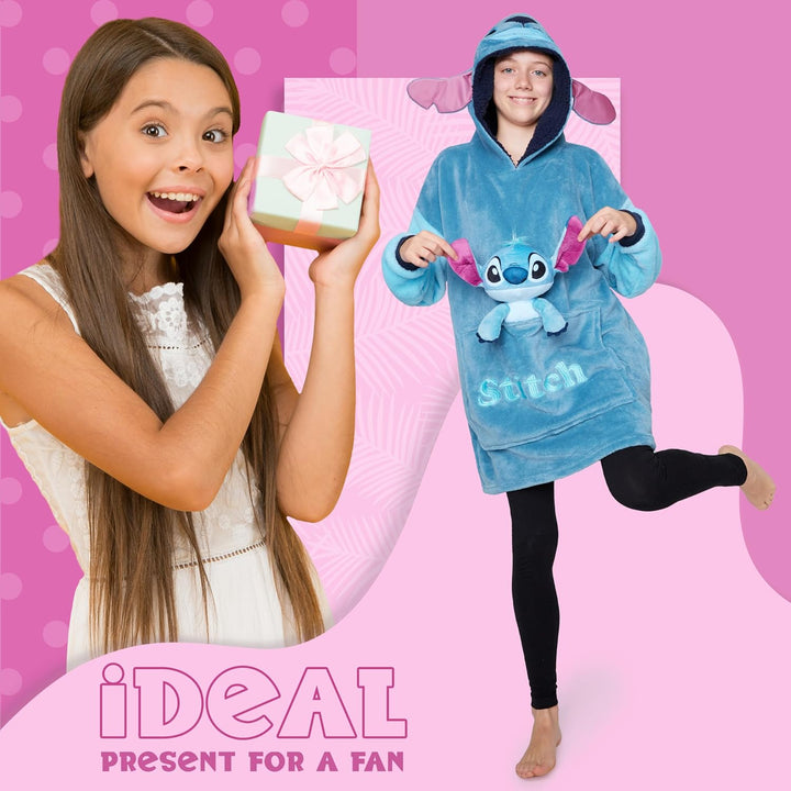 Disney Stitch Hoodie-Decke Kinder, Kapuzenpullover Mädchen mit Sherpa-Kapuze, 3D-Ohren, Kängurutasch