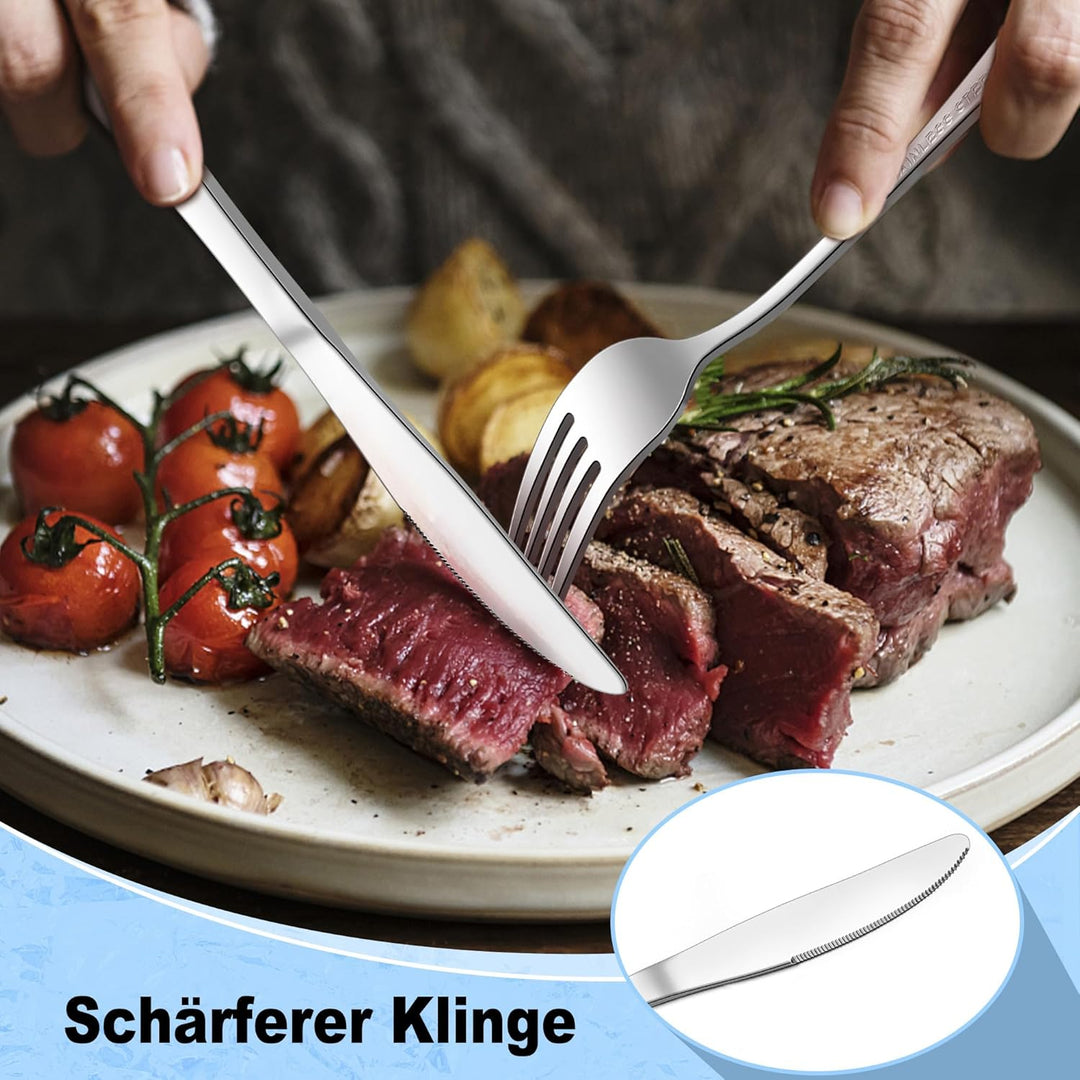 Herogo Steakbesteck Set, 24-teilig Edelstahl Tafelmesser und Tafelgabeln für 12 Personen, Silber Piz
