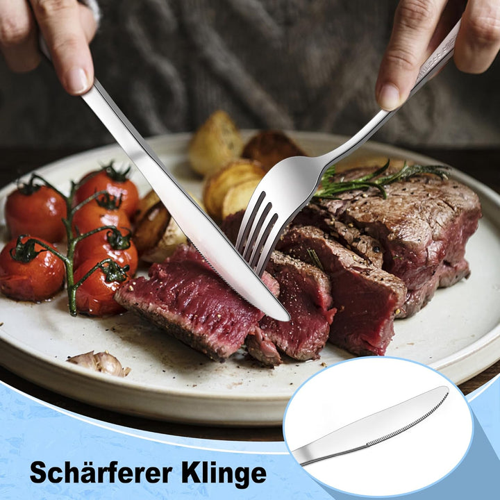 Herogo Steakbesteck Set, 24-teilig Edelstahl Tafelmesser und Tafelgabeln für 12 Personen, Silber Piz