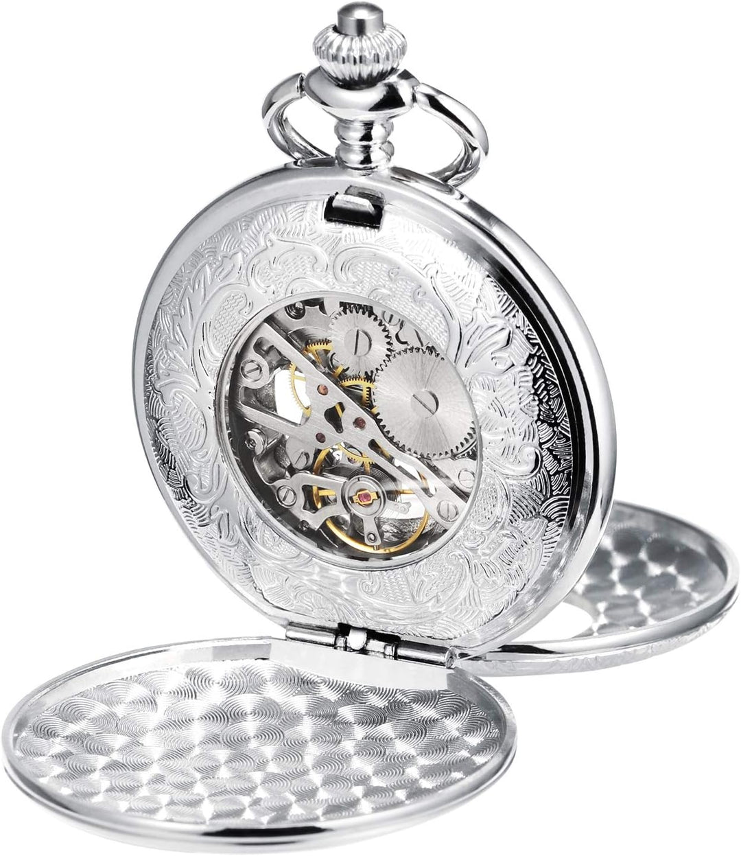 TREEWETO Unisex Taschenuhr mit Kette Analog Handaufzug Doppelscharnier Römische Ziffern Gold/Silber,