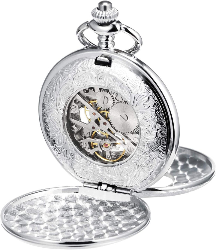 TREEWETO Unisex Taschenuhr mit Kette Analog Handaufzug Doppelscharnier Römische Ziffern Gold/Silber,