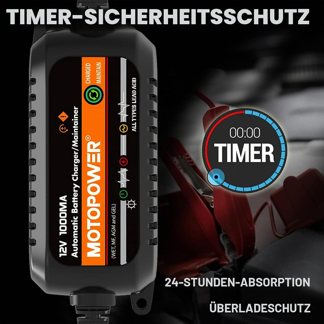 MOTOPOWER MP00205B 12 V 1000 mA Ladegerät/Batterieerhaltung, vollautomatisch, Schwarz b) - 12V 1000m