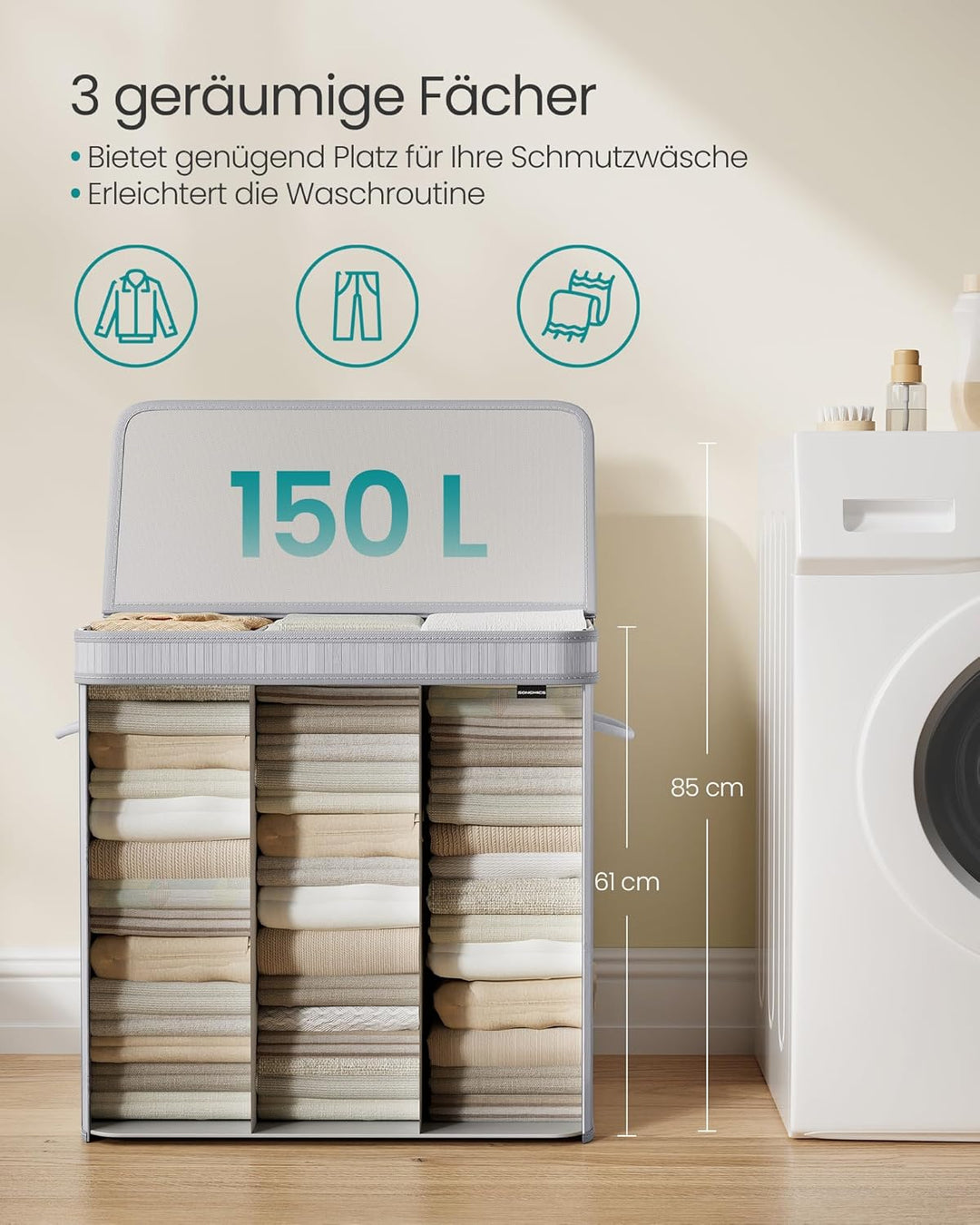 SONGMICS Wäschekorb mit Deckel, Wäschesammler Bambus, Wäschesack herausnehmbar und maschinenwaschbar