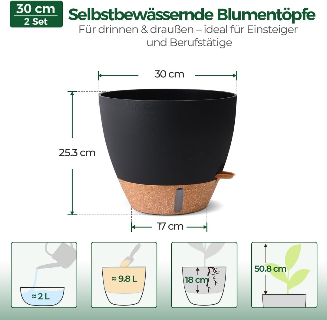 T4U Übertopf 30 cm Durchmesser, Selbstbewässerungstopf mit Wasserstandsanzeige, Pflanzkübel gross au