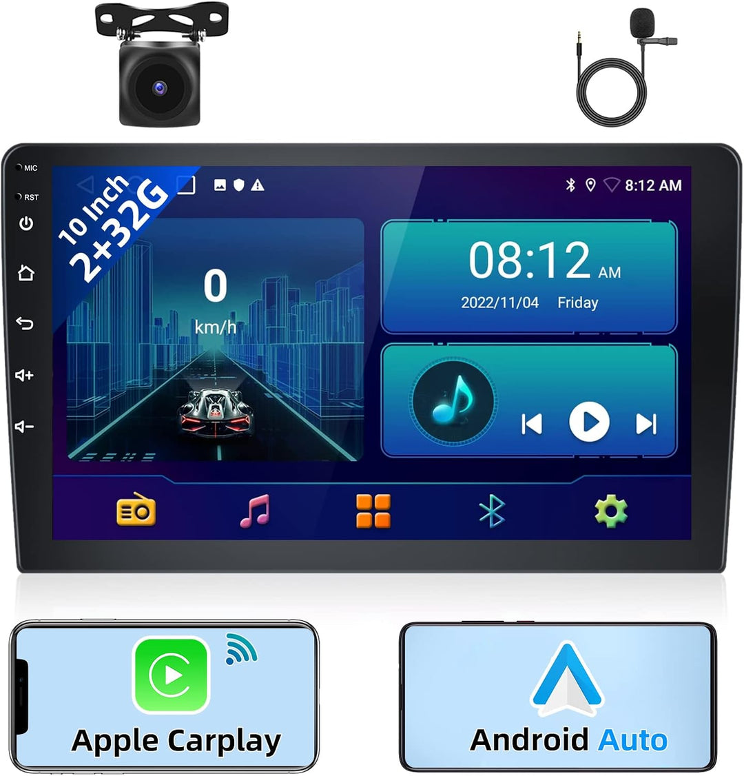 Podofo RDS Autoradio Doppel Din mit Drahtlosem Apple Carplay Android Auto 2G + 32G 10 Zoll Android A