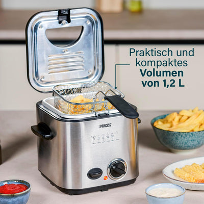 Princess 182611 Mini-Fritteuse mit Fondue – schnelle Erwärmung – Geruchsfilter – 1,2 Liter Inhalt, M