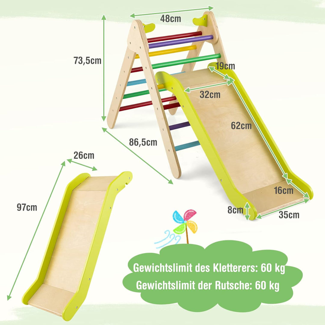 COSTWAY Kletterdreieck mit Rutsche, Klettergerüst aus Holz, Sprossendreieck zum Rutschen und Kletter