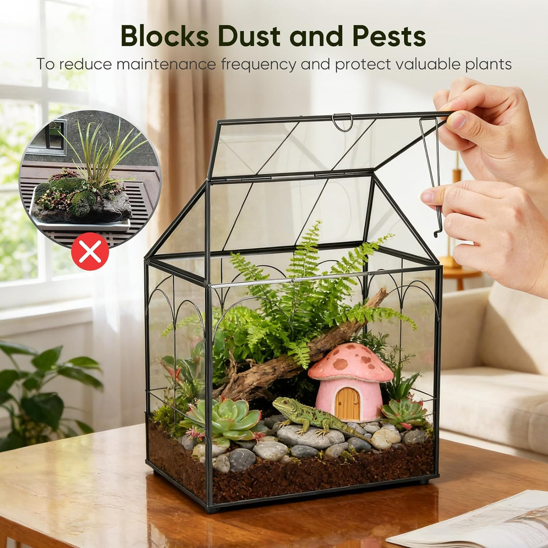 Mini Gewächshaus, 24x14,5x28cm Terrarium mit Aufklappbarem Glasdeckel, Volltransparentem Glas und Bo