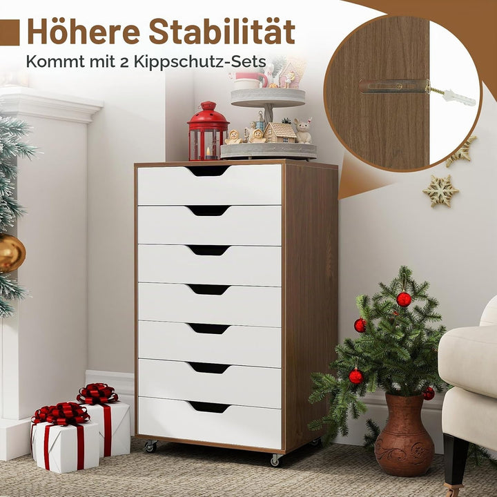 GIANTEX Rollcontainer mit 4 Schubladen &amp; 2 Schränke, Aktenschrank mit Rollen, Schubladenschrank Holz