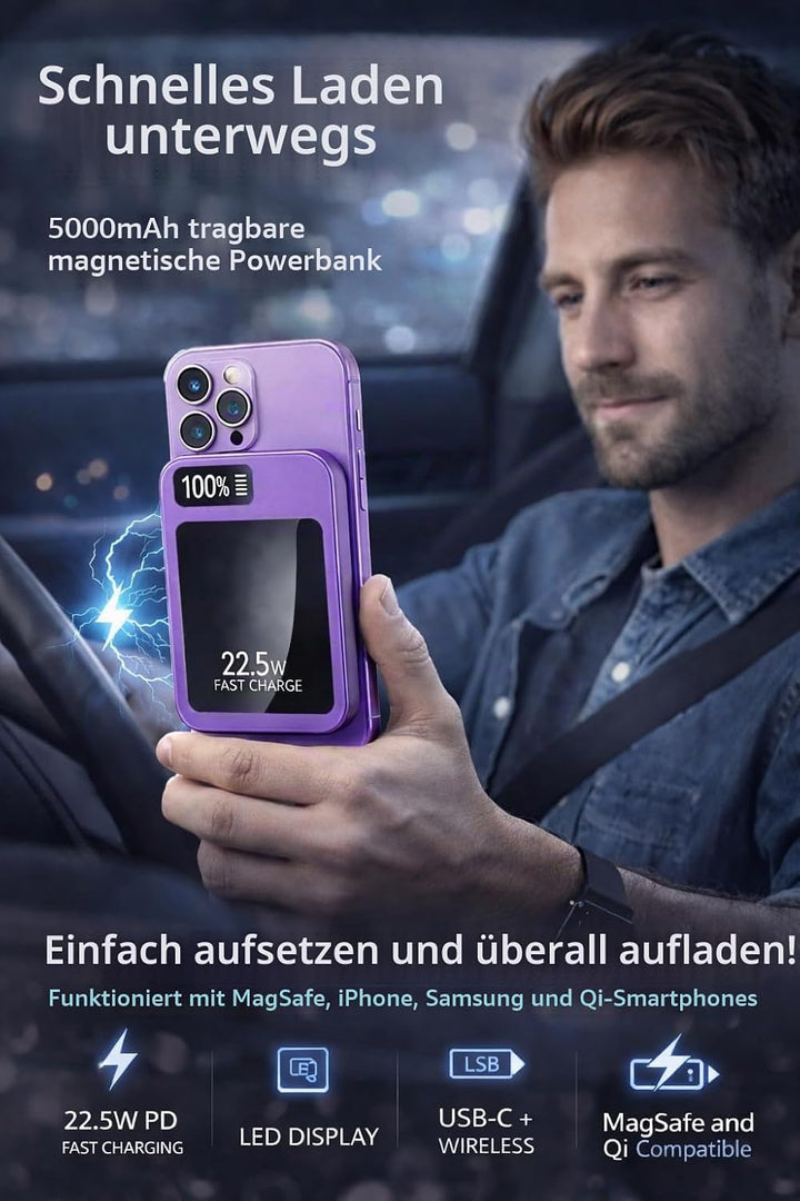 Magnetische Powerbank 10000mAh Mini 22.5W PD Schnellladen mit LED Display – kompatibel mit Samsung,